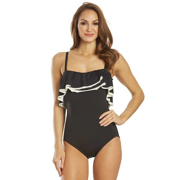 Coco Reef Contours Ruffled Strapless Tummy Control 1 Piece Swimsuit Black 12 36C - Picture 3 of 6